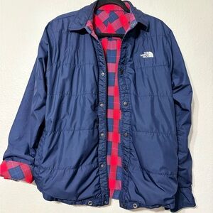 The North Face Reversible Red Blue Plaid Flannel Men's Puffer Shaket Lightweight